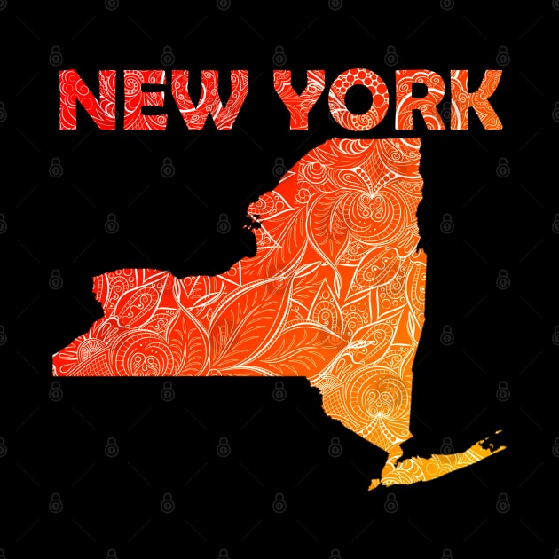 Colorful mandala art map of New York with text in red and orange by Happy Citizen