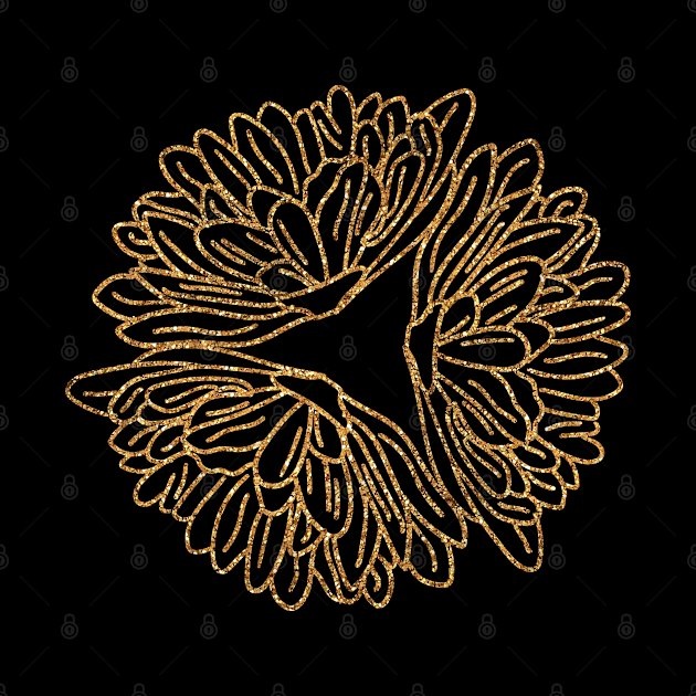 Golden round flower line artwork collection on black by Earthy Planty