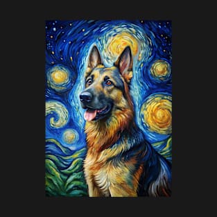 German Shepherd Dog Breed Painting in a Van Gogh Starry Night Art Style T-Shirt