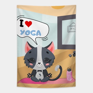 Cat doing yoga in the gym Tapestry