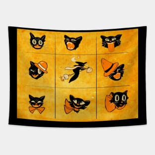 Vintage Style Halloween Cat Grid Tapestry