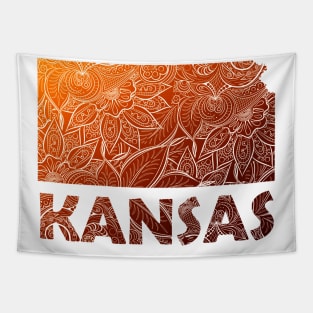 Colorful mandala art map of Kansas with text in brown and orange Tapestry