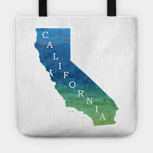 California Sate Map with Pacific ocean blue and green watercolors waves Tote