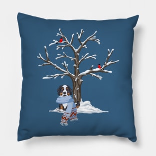 Bernese Mountain Dog with Tree in Winter Wear Pillow