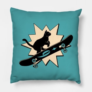 Cool Skater Black Cat in blue Pillow