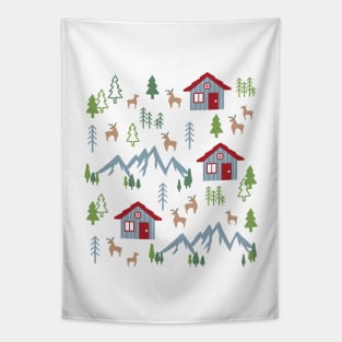 Winter Night Deer Forest Cabin I Tapestry