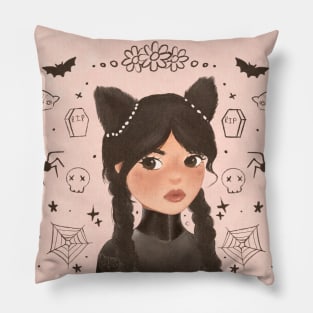 Wednesday addams in black cat costumes for Poe cup Netflix Jenna Ortega Pillow