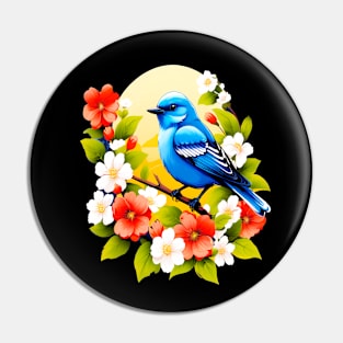 Cute Blue Bird Surrounded by Bold Vibrant Spring Flowers Pin