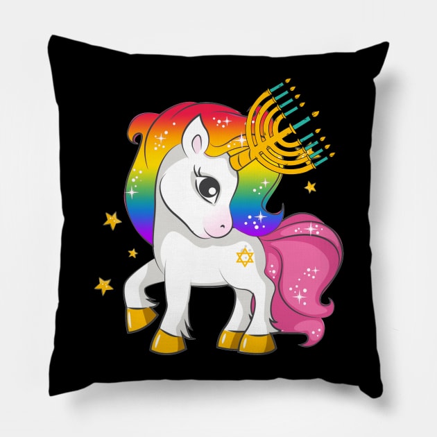 Funny Jewish Shirt Unicorn Menorah Hanukkah Pillow by TeeSky