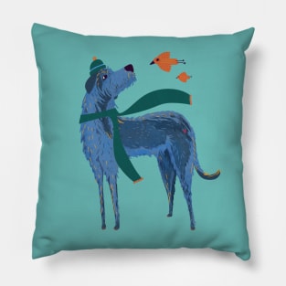 Irish Wolfhound in Winter Hat and Scarf with Bird friends Pillow