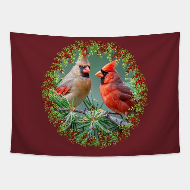 Red Cardinals Holly Berries & Pine Christmas Tapestry by tamdevo1