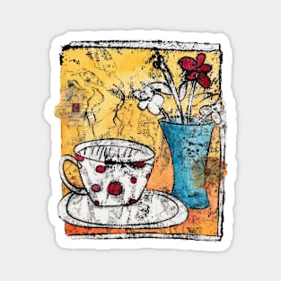 Time for a cuppa - monoprint with watercolors and collage Magnet