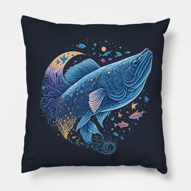 Fish in the Ocean at Night Time Pillow by ElMass