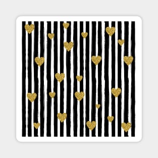 Glitter Chic Pattern 02 | Black Lines with gold hearts Magnet