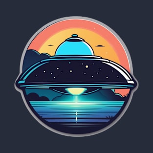 UFO Flying Saucer over sea with neon light T-Shirt