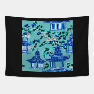 Chinoiserie pagodas on teal background Tapestry