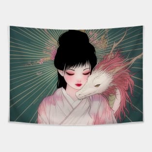 Geisha and white dragon 94011 Tapestry