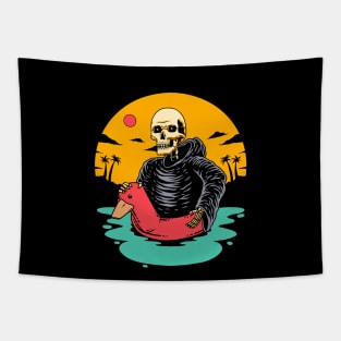 Grim Reaper Enjoys the Sea by Riding a Duck Float Tapestry