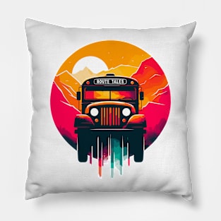 Artistic silhouette of a school bus, Route Tales Pillow