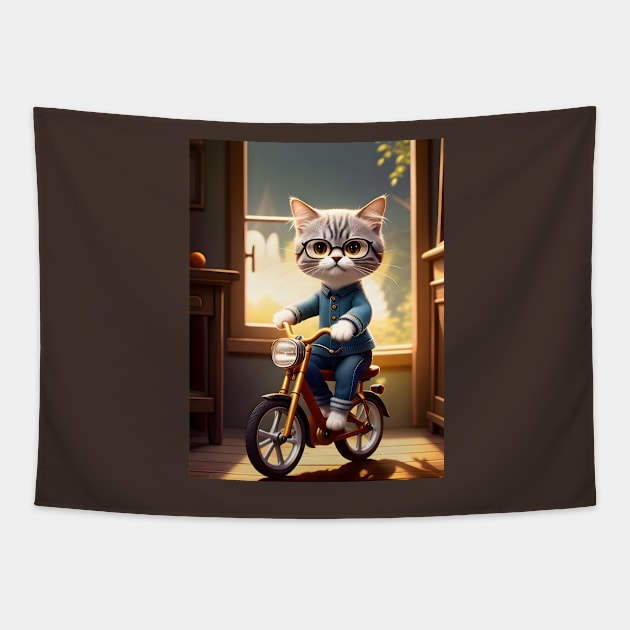 Cat on a Bicycle - Modern Digital Art Tapestry by Ai-michiart