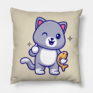 Cute Cat Holding Fish With Thumb Up Cartoon Pillow