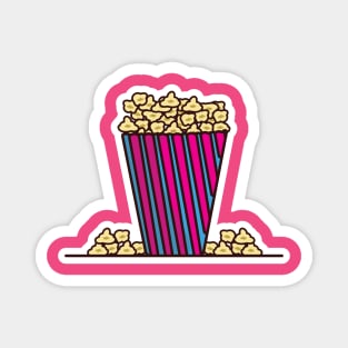 Popcorn In Popcorn Pack Sticker vector illustration. Movie cinema icon concept. Snack food. Big red blue strip box with popcorn sticker vector design with shadow. Magnet