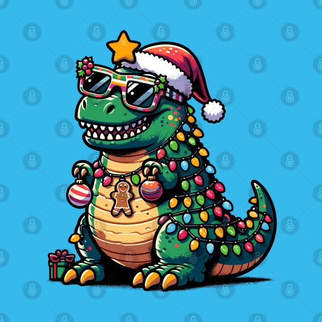 Tree-Rex Holiday Dinosaur - Christmas Tree T-Rex TreeRex Pun with Santa Hat, Lights and Ornaments by Lunatic Bear