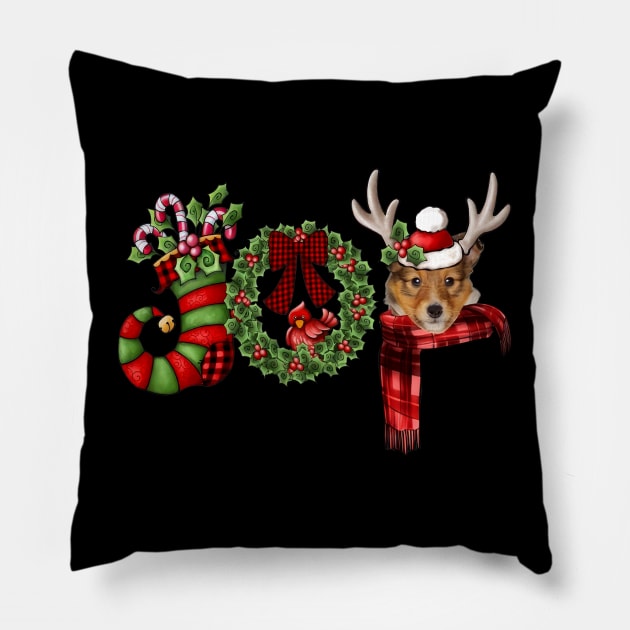 Christmas Joy Dwarf Stocking Reindeer Shetland Sheepdog Pillow by cogemma.art