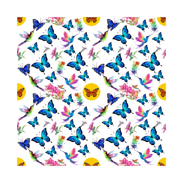 Butterflies hummingbirds and blooming flowers pattern by Stephen