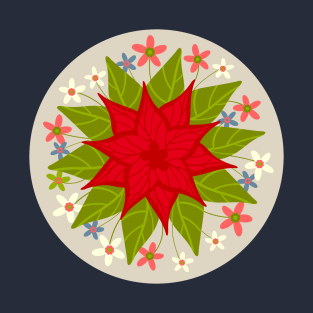 FESTIVE POINSETTIA Floral in Round Medallion Christmas Xmas Winter Holidays - UnBlink Studio by Jackie Tahara T-Shirt