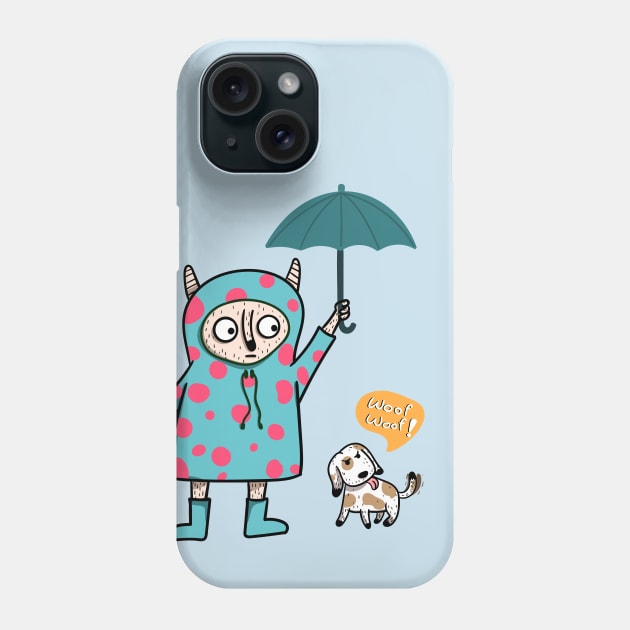 cute-looking monster is holding an umbrella for the dog in the outdoor while heavy rain Phone Case by Saudung
