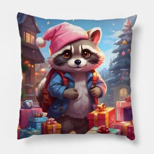 Kawaii Raccoon with Gifts in Winter Wonderland Pillow