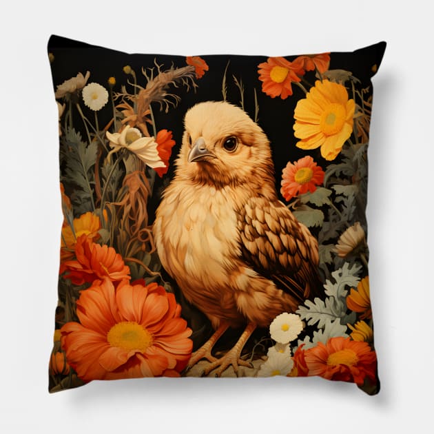 Retro Vintage Art Style Baby Chick in Field of Wild Flowers - Whimsical Farm Pillow by The Whimsical Homestead