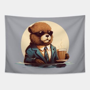 Sea Otter wear sunglasses drinking coffee in an elegant manner Tapestry