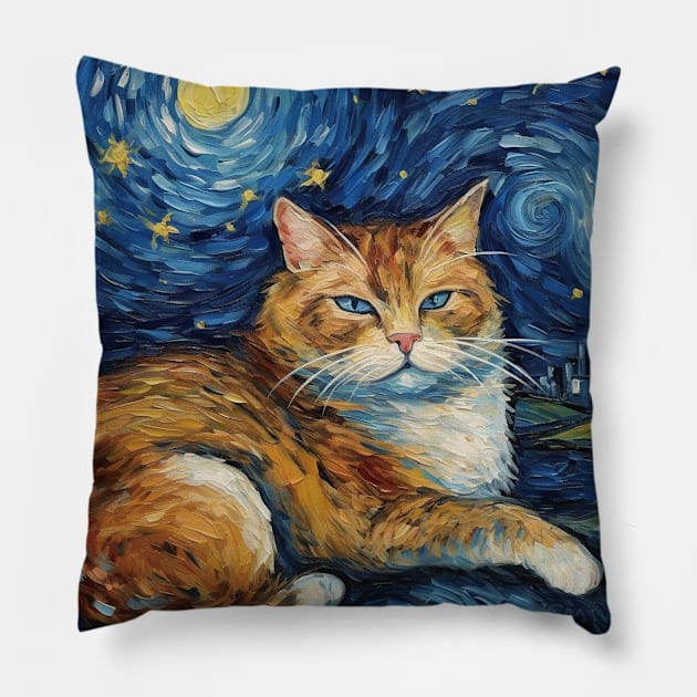 Orange Cat Enjoys City View under Starry Sky and Full Moon Pillow by qoohuangyt