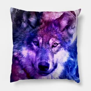 Mystical Wolf Face in Front of the Moon and galaxy Pillow