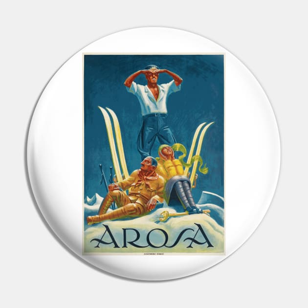 Skiing in Arosa, Switzerland - Vintage Swiss Travel Poster Pin by Naves