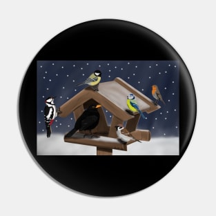 Birds at the Feeder Illustration Pin