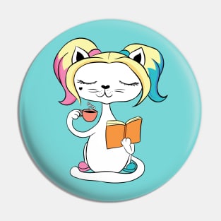 Cute Cat Enjoying Coffee and Reading Book Pin