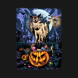 mysterious owl handing out halloween candy with spooky pumpkin bucket T-Shirt