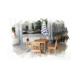 Child Seating Area at Coffeehouse in Solvang Digital Watercolor T-Shirt