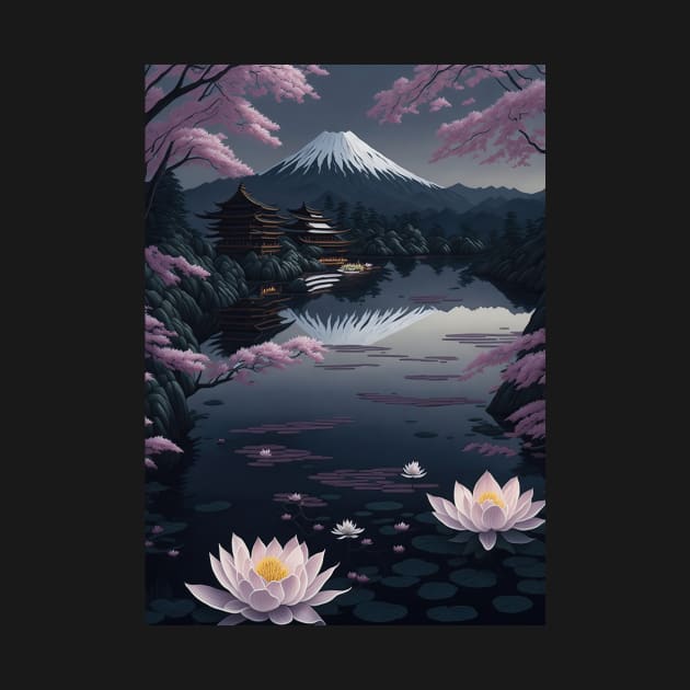 Serene Mount Fuji Sunset - Peaceful River Scenery - Lotus Flowers by star trek fanart and more