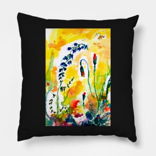 Red Poppy Buds in Wildflower Field Pillow