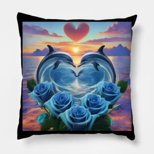 Dolphin Hearts Of Love With Blue Roses At Sunset 6 Pillow