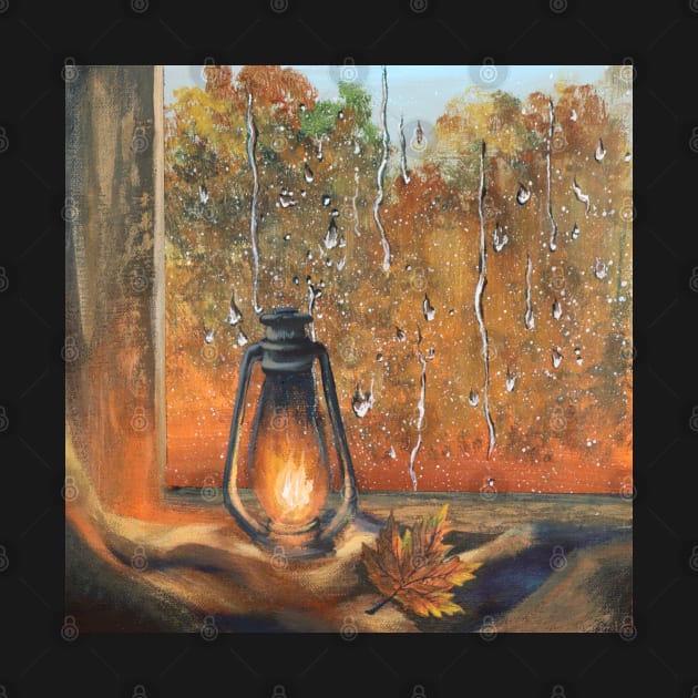 Aesthetic Orange Autumn Foliage Fall Leaves Trees Lantern Rainy Window Rain by Tina