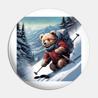 Teddy skiing down a hill in the snow Pin