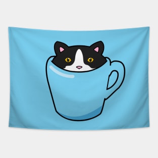 Cute tuxedo cat sitting in a cup Tapestry