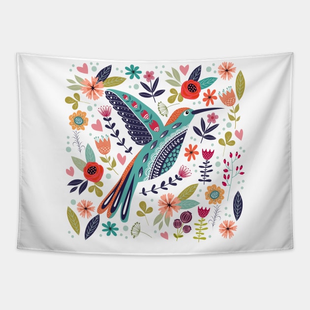 hand drawn bird colorful floral Tapestry by Mako Design 