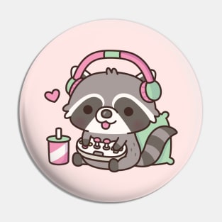 Cute Gamer Raccoon Loves Playing Video Games Pin