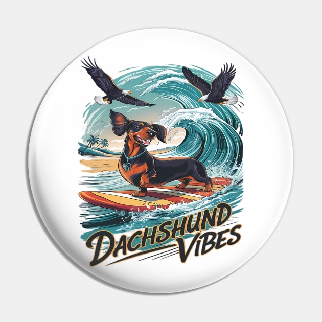 Majestic Dachshund Dog Catching a Wave Surfing Pin by coollooks